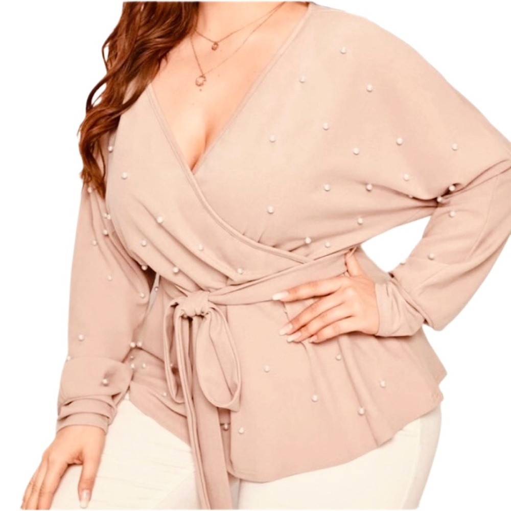 Blush Pink Elegant Pearl-Embellished Wrap Top